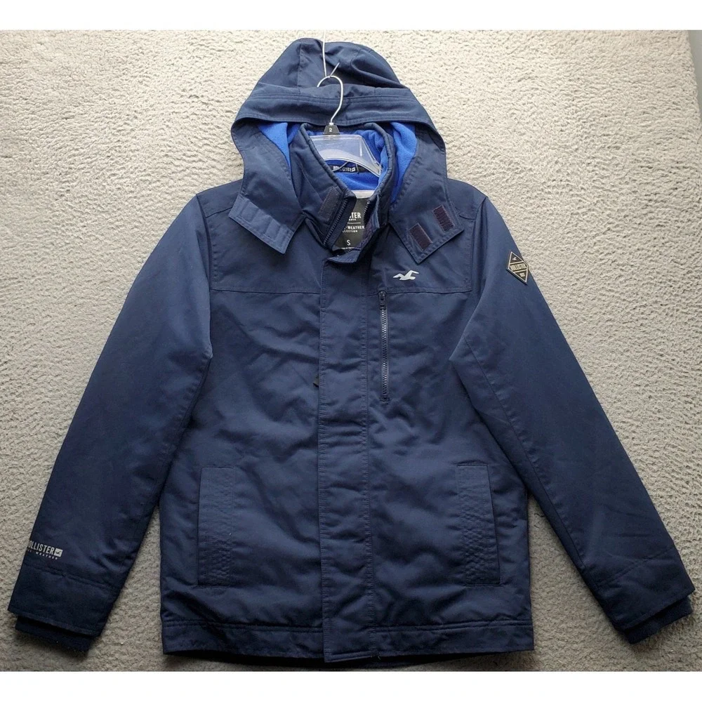 Hollister All-Weather Hooded Jacket Men S Navy Fleece Lined Hook & Loop Full Zip
